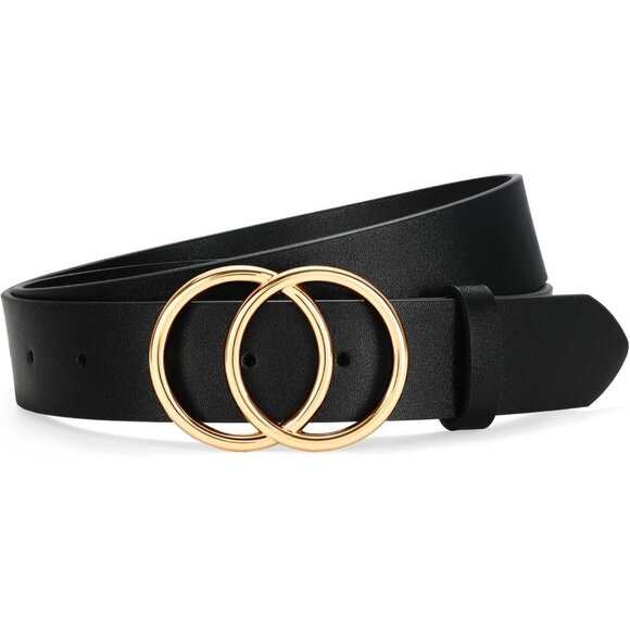 Women\'s Leather Belt Jeans Pants Fashion Waist Belt Ring Buckle Black Gold main image 4